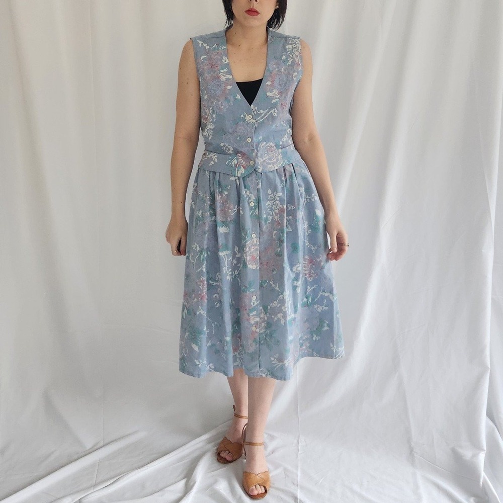 80s Blue Floral Vest and Skirt Set